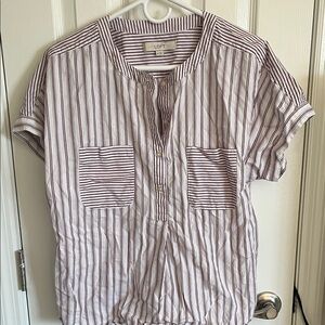 LOFT Striped Maroon and White Blouse